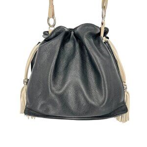 Brighton Black Leather Bucket Slouch Bag White Tassels Silver Charms